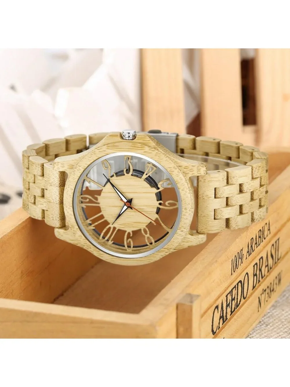 Men's Yellow Quartz Ebony Zebra Fold over Clasp Wood Strap Round Wooden Watch